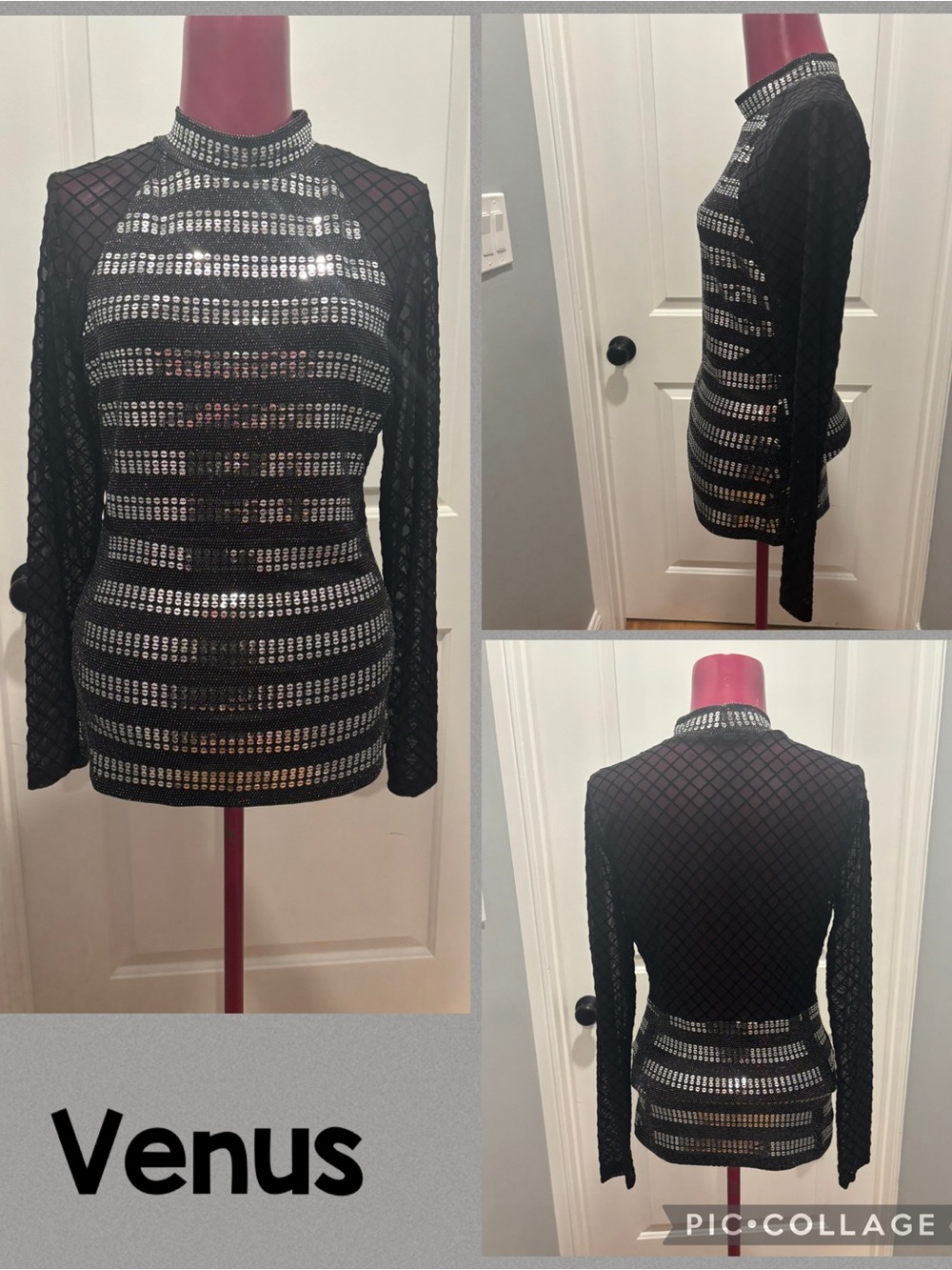 VENUS Black sheer Sequin Stripe Mesh Long-Sleeve top